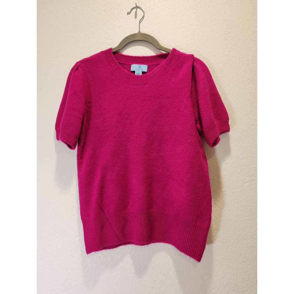 CeCe Fuchsia S Hot Pink Puff Sleeve Knit Sweater Top Crew Neck Short Sleeve